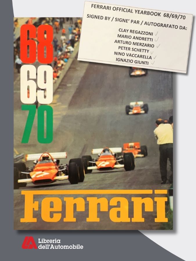 Ferrari collezionismo con annuari ufficiali 1968-1970 e firme autografe di piloti leggendari