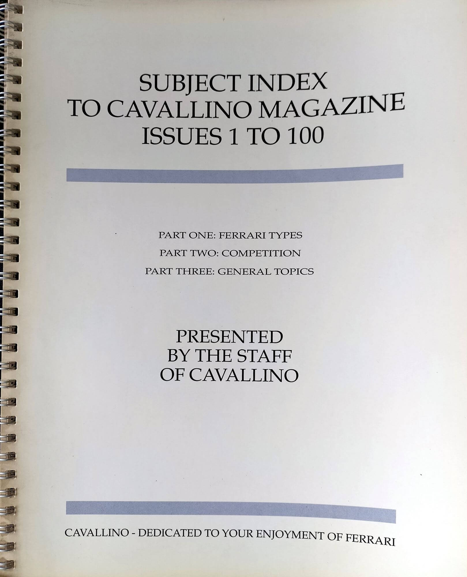 Cavallino Subject Index Issues 1 To 100