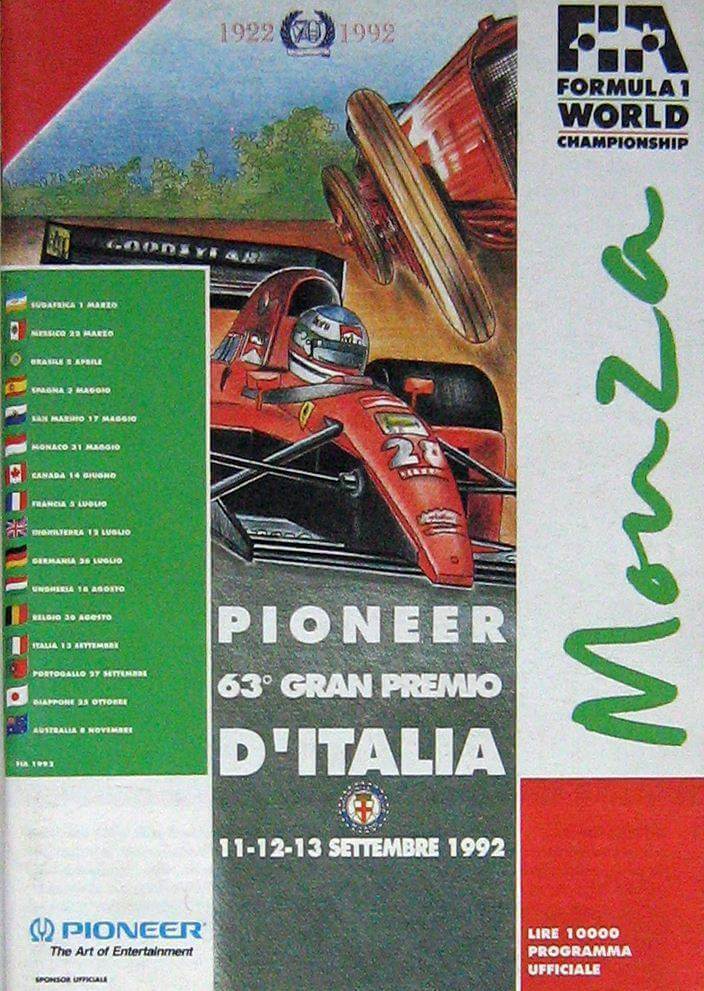 63° Gran Premio D'Italia Monza 11-12-13 Settembre 1992 Programma Ufficiale
