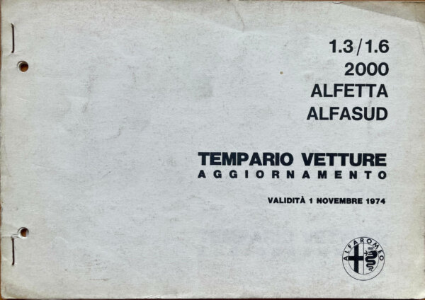 Alfa Romeo 1.3/1.6 2000 Alfetta Alfasud: Tempario Vetture Aggiornamento